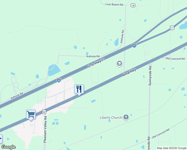map of restaurants, bars, coffee shops, grocery stores, and more near 2440 Clay Acres Loop in Van Buren