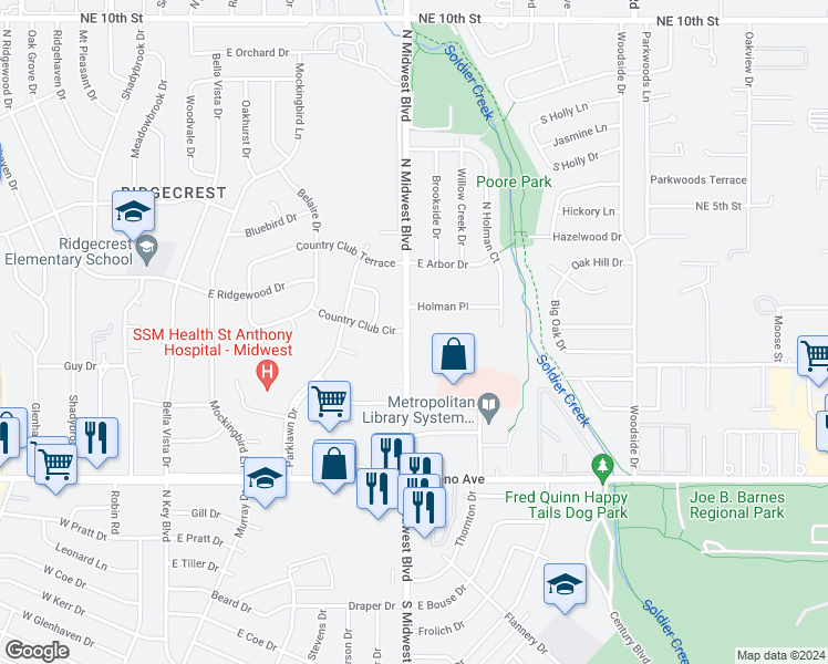 map of restaurants, bars, coffee shops, grocery stores, and more near 400 North Midwest Boulevard in Midwest City