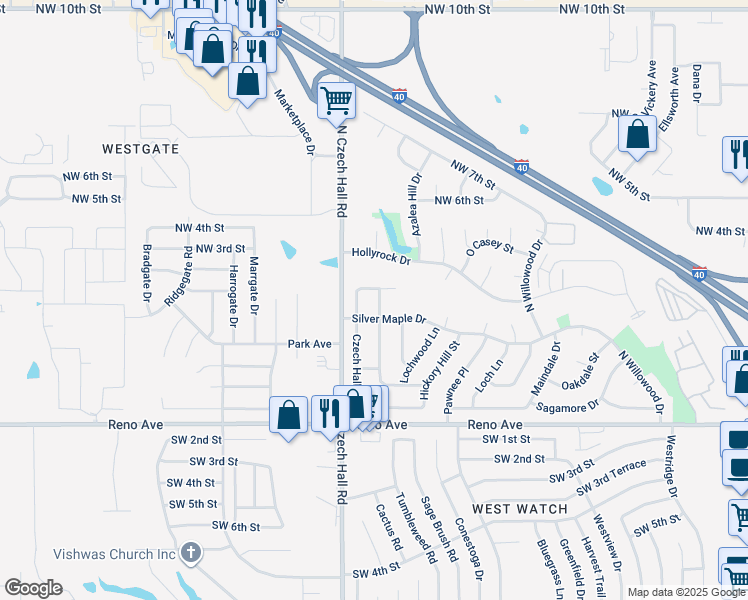 map of restaurants, bars, coffee shops, grocery stores, and more near 212 Czech Hall Place in Yukon