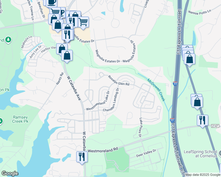 map of restaurants, bars, coffee shops, grocery stores, and more near 8606 Westmoreland Lake Drive in Cornelius