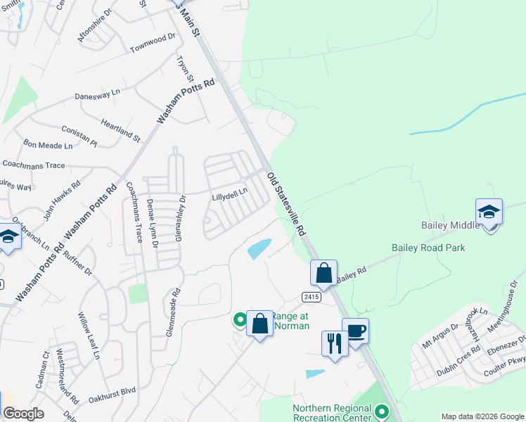 map of restaurants, bars, coffee shops, grocery stores, and more near 11207 Heritage Green Drive in Cornelius