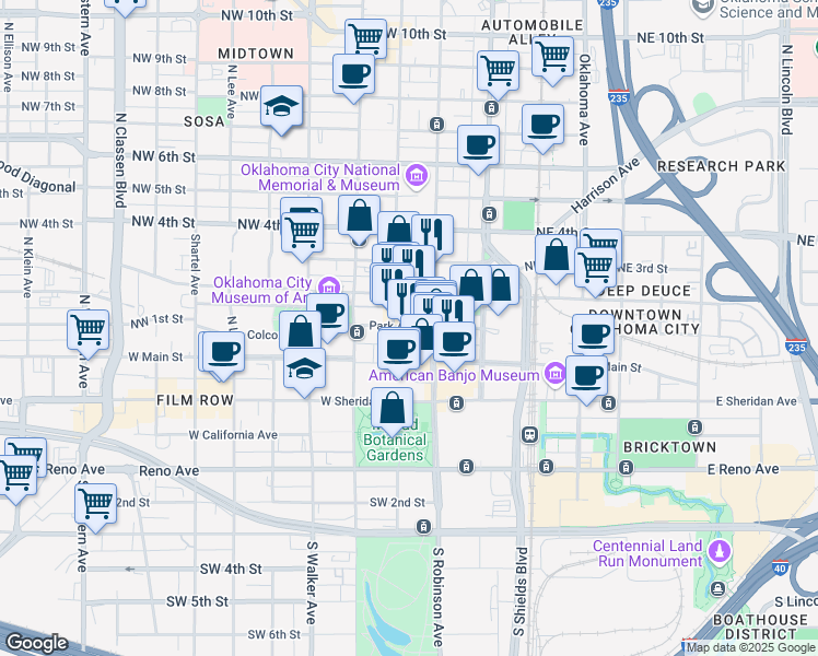 map of restaurants, bars, coffee shops, grocery stores, and more near 210 Park Avenue in Oklahoma City