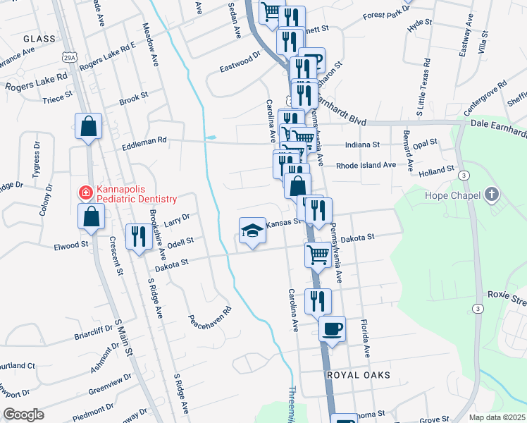 map of restaurants, bars, coffee shops, grocery stores, and more near 613 Breckenridge Road in Kannapolis