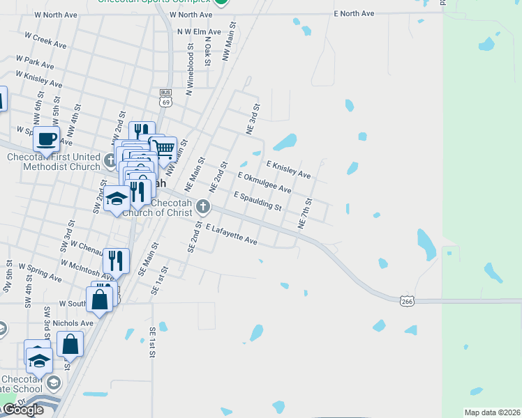 map of restaurants, bars, coffee shops, grocery stores, and more near 521 East Spaulding Street in Checotah