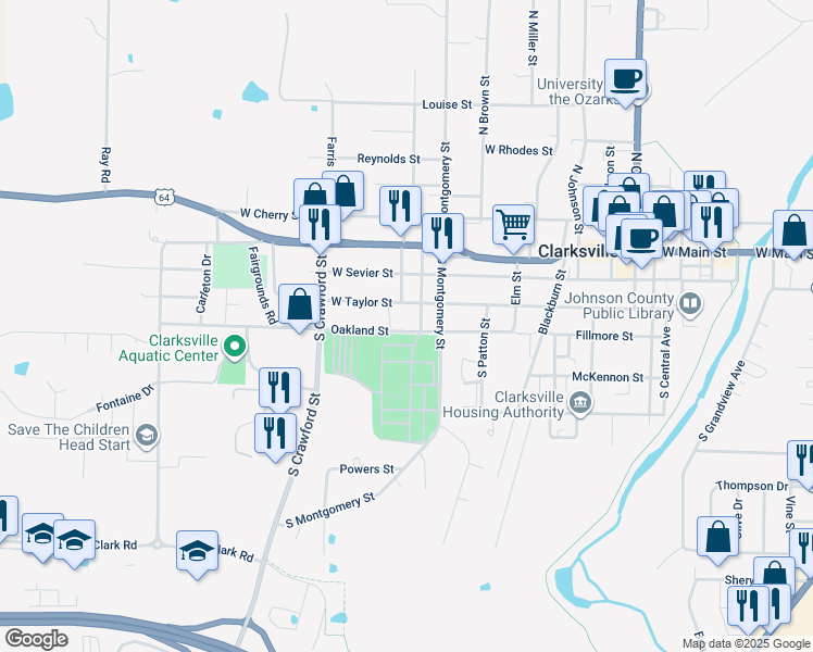 map of restaurants, bars, coffee shops, grocery stores, and more near 1114 West Oakland Street in Clarksville
