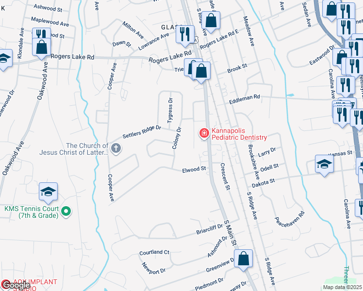 map of restaurants, bars, coffee shops, grocery stores, and more near 1811 Colony Drive in Kannapolis