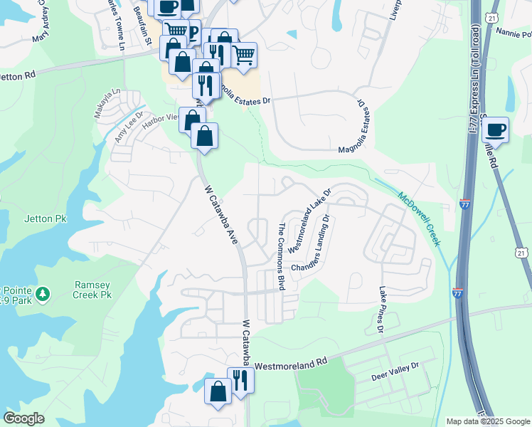 map of restaurants, bars, coffee shops, grocery stores, and more near 18817 Cloverstone Circle in Cornelius