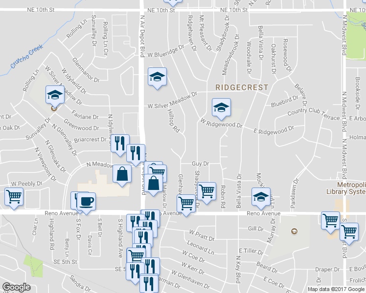map of restaurants, bars, coffee shops, grocery stores, and more near 3111 Glenhaven Drive in Midwest City