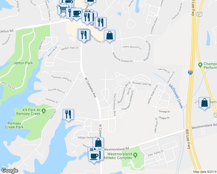 map of restaurants, bars, coffee shops, grocery stores, and more near 9051 Rosalyn Glen Road in Cornelius
