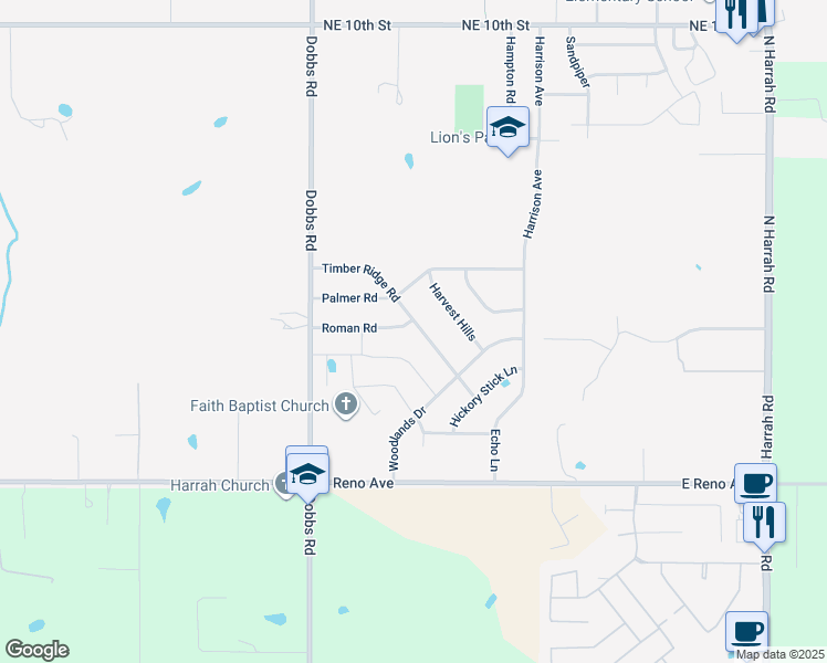 map of restaurants, bars, coffee shops, grocery stores, and more near 20180 Roman Road in Harrah