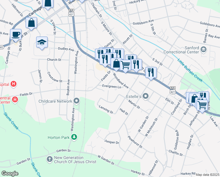 map of restaurants, bars, coffee shops, grocery stores, and more near 429 Evergreen Lane in Sanford