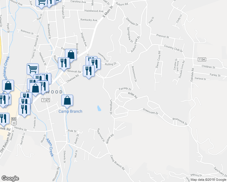 map of restaurants, bars, coffee shops, grocery stores, and more near 348 Fairway Drive in Waynesville