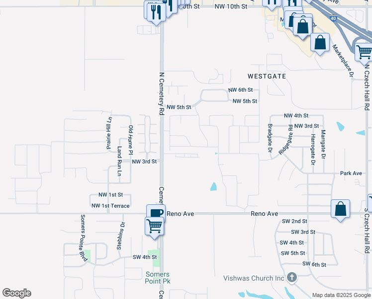 map of restaurants, bars, coffee shops, grocery stores, and more near 12901 Northwest 4th Terrace in Yukon