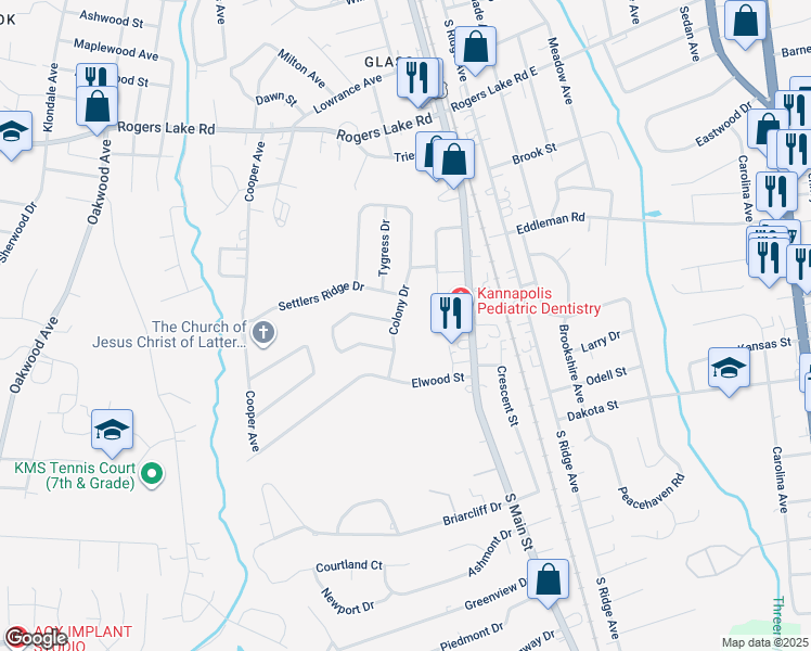 map of restaurants, bars, coffee shops, grocery stores, and more near 1811 Colony Drive in Kannapolis