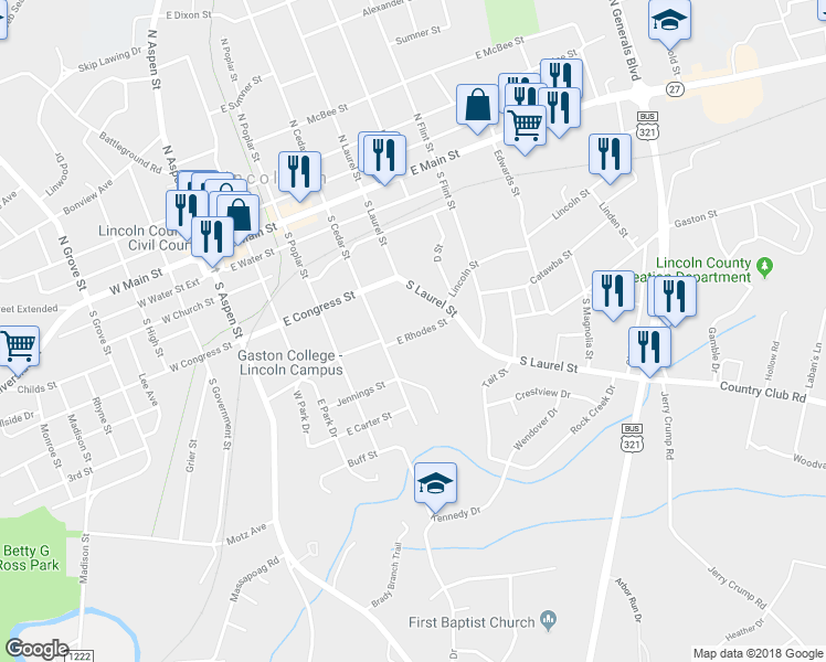 map of restaurants, bars, coffee shops, grocery stores, and more near 425 East Rhodes Street in Lincolnton