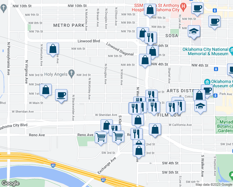 map of restaurants, bars, coffee shops, grocery stores, and more near 1213 Northwest 1st Street in Oklahoma City