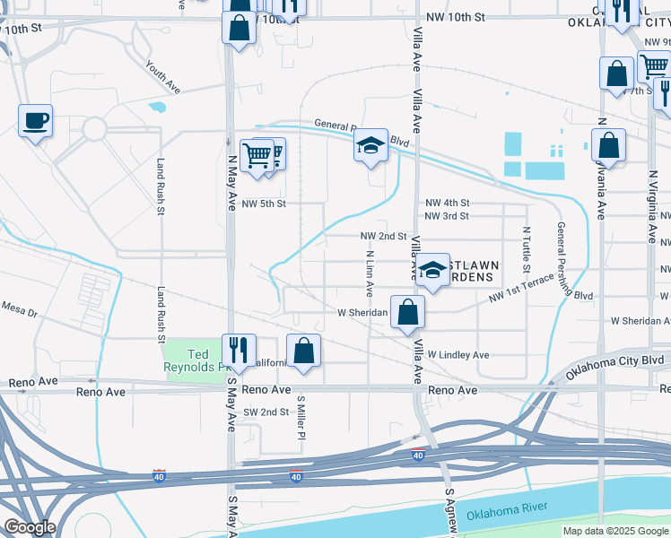 map of restaurants, bars, coffee shops, grocery stores, and more near 2620 Northwest 1st Street in Oklahoma City
