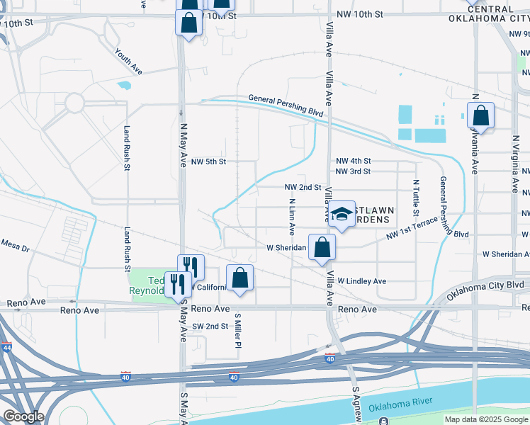 map of restaurants, bars, coffee shops, grocery stores, and more near 2620 Northwest 1st Street in Oklahoma City