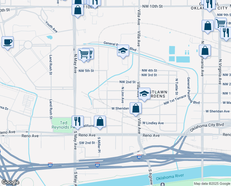 map of restaurants, bars, coffee shops, grocery stores, and more near 2620 Northwest 1st Street in Oklahoma City