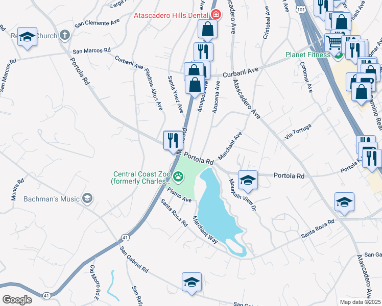 map of restaurants, bars, coffee shops, grocery stores, and more near 8961 Amapoa Avenue in Atascadero