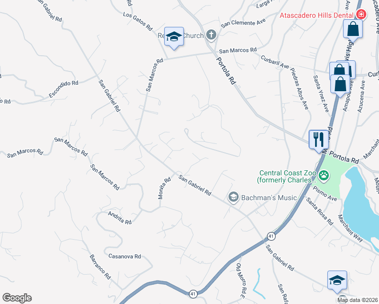 map of restaurants, bars, coffee shops, grocery stores, and more near 7215 San Gabriel Road in Atascadero