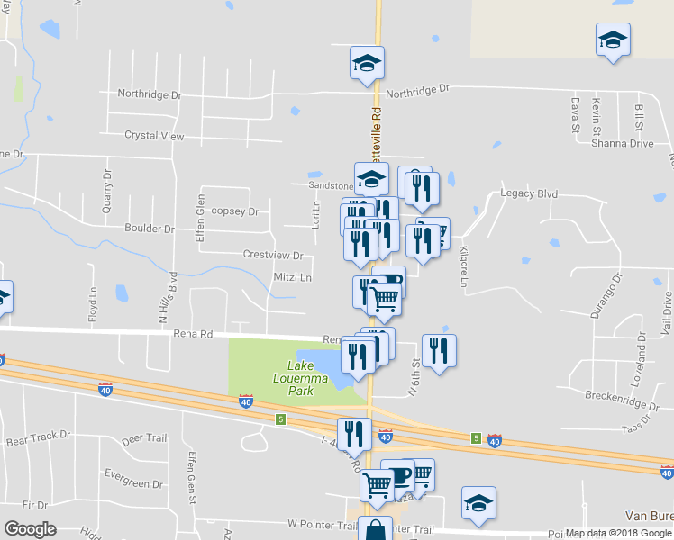 map of restaurants, bars, coffee shops, grocery stores, and more near 2207 Fayetteville Road in Van Buren