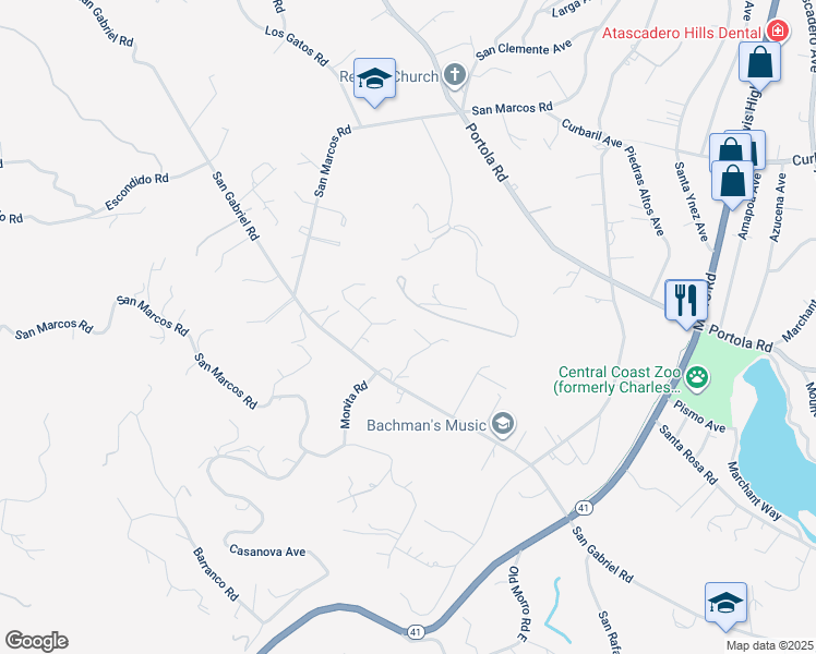 map of restaurants, bars, coffee shops, grocery stores, and more near 7215 San Gabriel Road in Atascadero