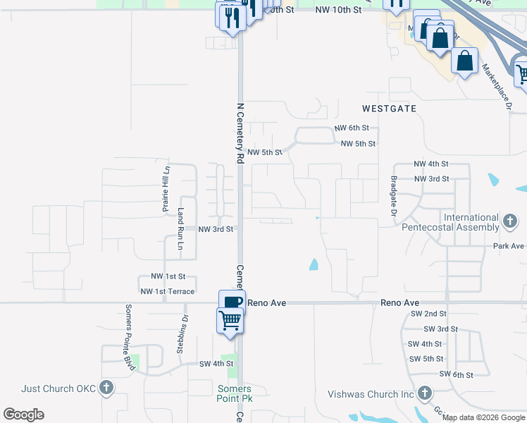 map of restaurants, bars, coffee shops, grocery stores, and more near 421 Compass Drive in Yukon
