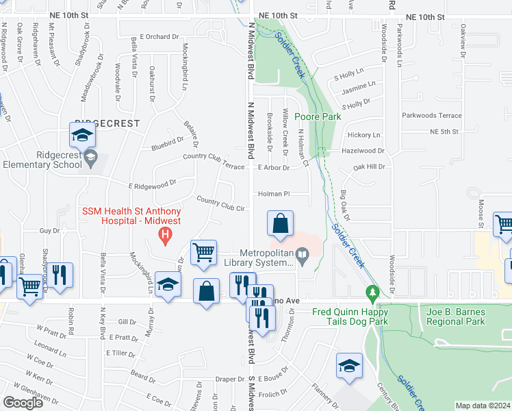 map of restaurants, bars, coffee shops, grocery stores, and more near 404 North Midwest Boulevard in Midwest City