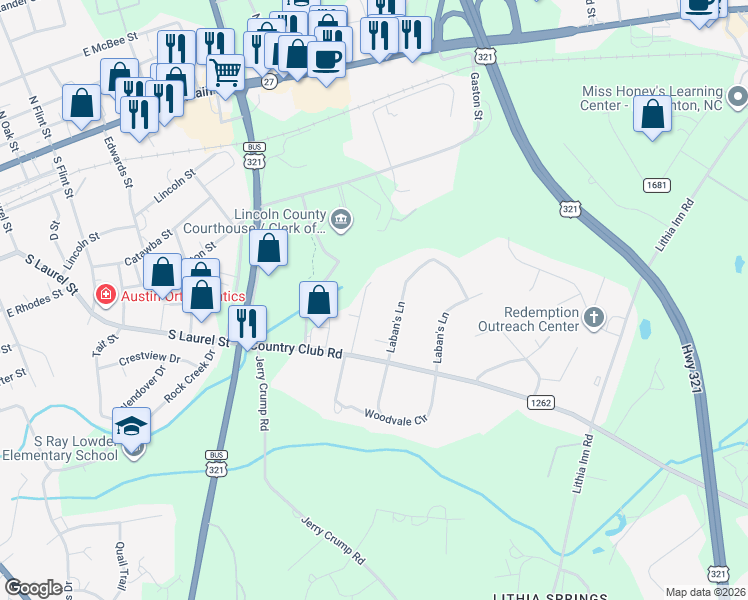 map of restaurants, bars, coffee shops, grocery stores, and more near 224 Hollow Road in Lincolnton