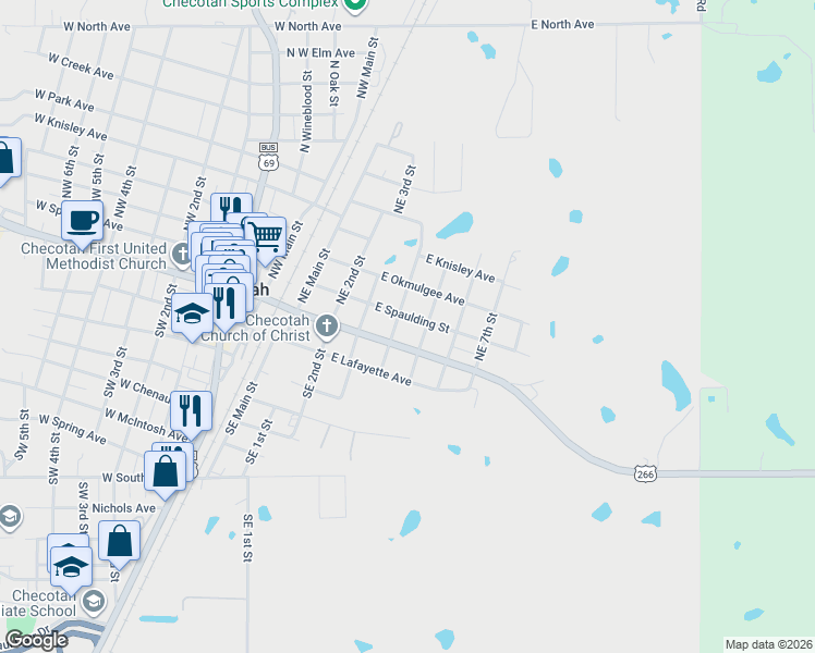 map of restaurants, bars, coffee shops, grocery stores, and more near 521 East Spaulding Street in Checotah