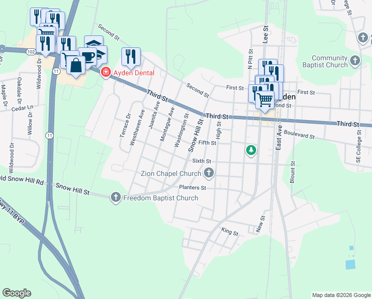 map of restaurants, bars, coffee shops, grocery stores, and more near 437 Snow Hill St in Ayden