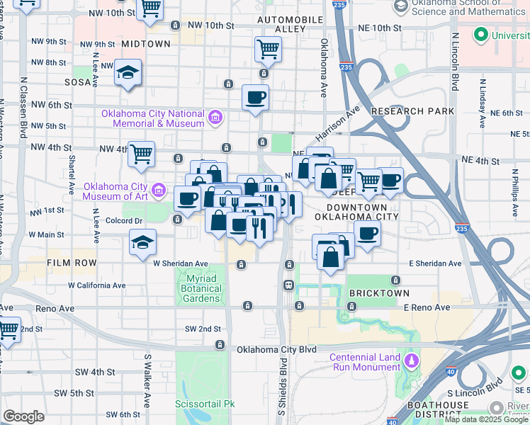 map of restaurants, bars, coffee shops, grocery stores, and more near 1 Park Avenue in Oklahoma City