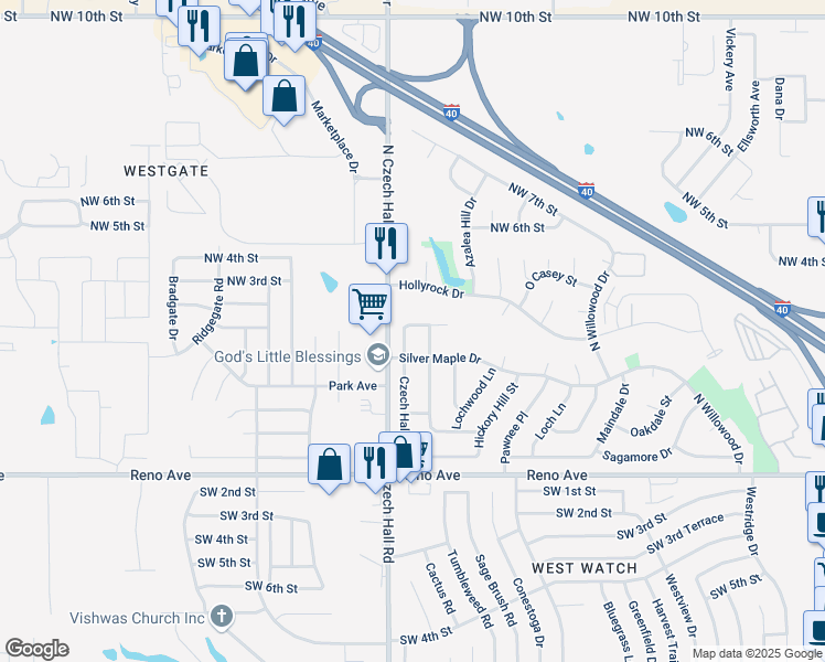 map of restaurants, bars, coffee shops, grocery stores, and more near 212 Czech Hall Place in Yukon