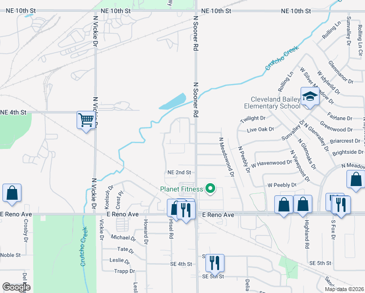 map of restaurants, bars, coffee shops, grocery stores, and more near 5532 Del Creek Road in Oklahoma City