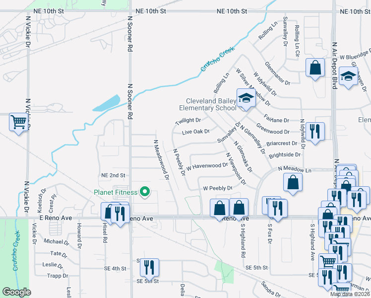 map of restaurants, bars, coffee shops, grocery stores, and more near 1220 Sunvalley Drive in Midwest City