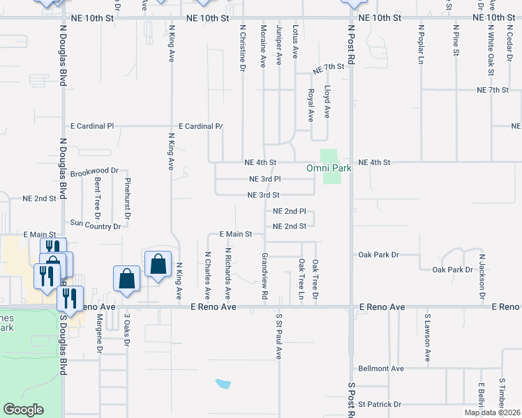 map of restaurants, bars, coffee shops, grocery stores, and more near 329 Grandview Road in Midwest City