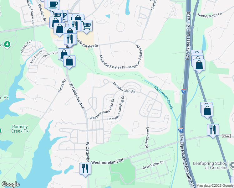 map of restaurants, bars, coffee shops, grocery stores, and more near 8606 Westmoreland Lake Drive in Cornelius
