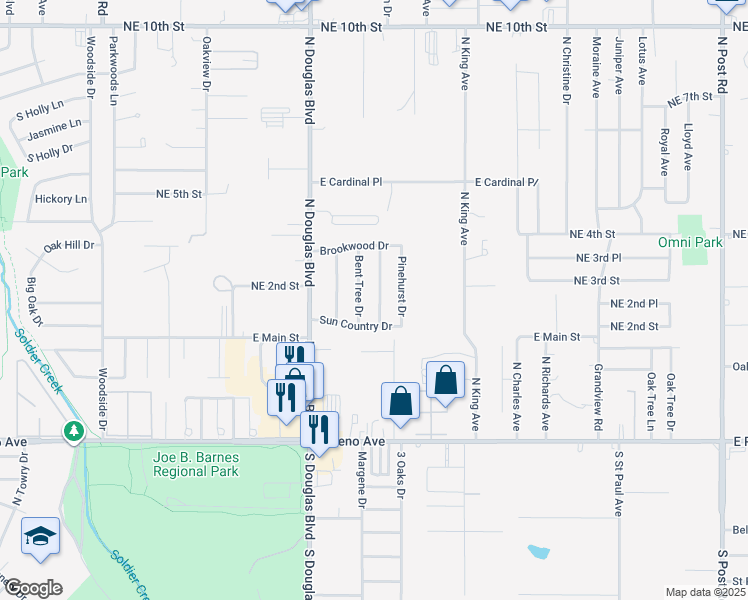 map of restaurants, bars, coffee shops, grocery stores, and more near 323 Blue Spruce Drive in Midwest City