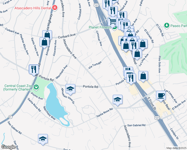 map of restaurants, bars, coffee shops, grocery stores, and more near 8785 Atascadero Avenue in Atascadero