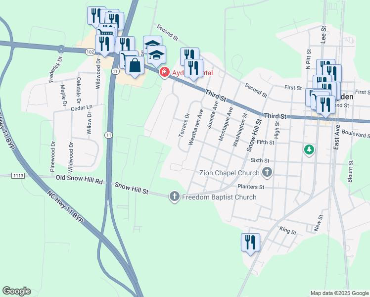 map of restaurants, bars, coffee shops, grocery stores, and more near 4176 Westhaven Avenue in Ayden