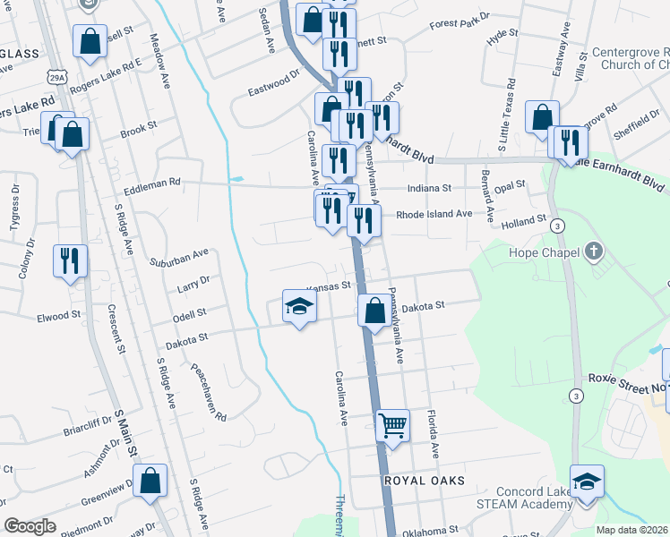 map of restaurants, bars, coffee shops, grocery stores, and more near 628 Breckenridge Road in Kannapolis