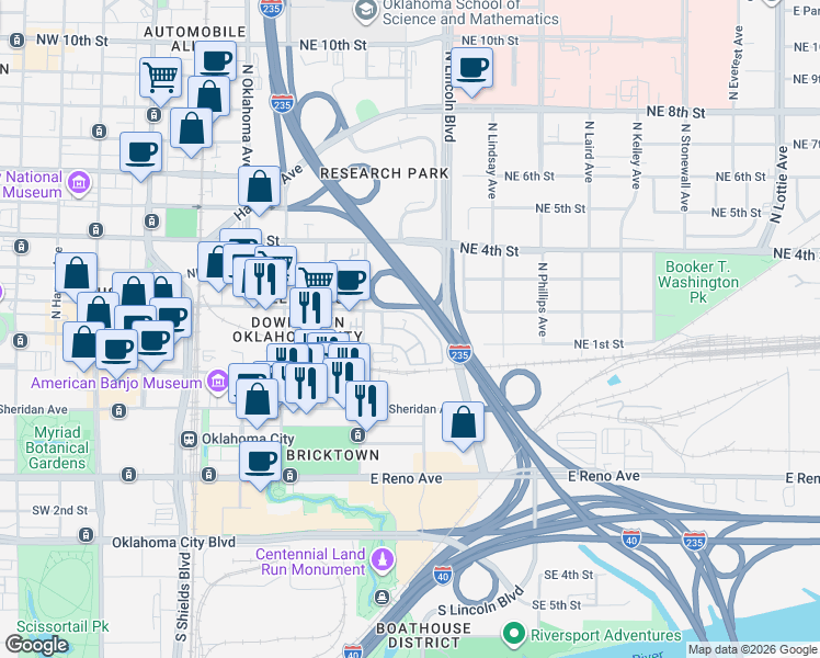 map of restaurants, bars, coffee shops, grocery stores, and more near 428 Northeast 1st Terrace in Oklahoma City