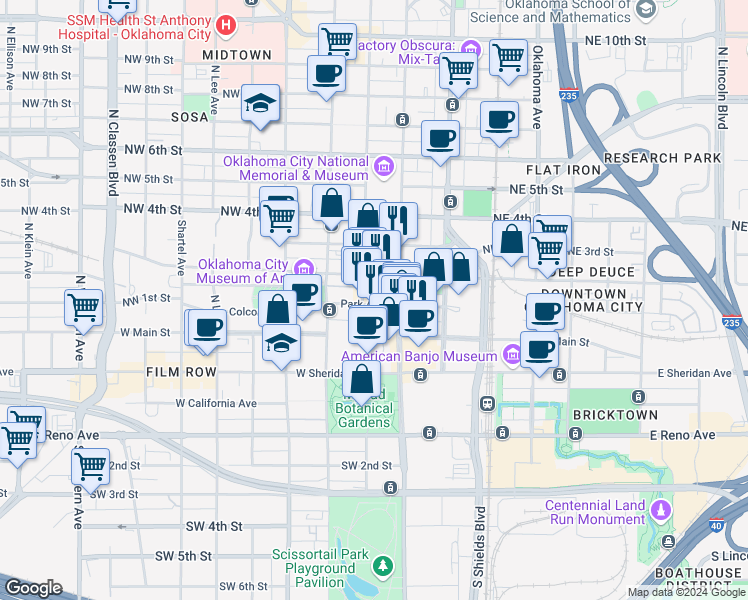 map of restaurants, bars, coffee shops, grocery stores, and more near 214 North Harvey Avenue in Oklahoma City