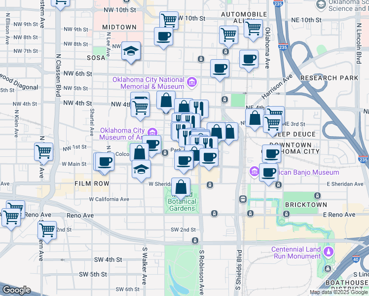 map of restaurants, bars, coffee shops, grocery stores, and more near 214 North Harvey Avenue in Oklahoma City