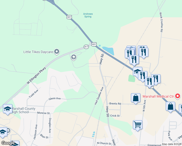 map of restaurants, bars, coffee shops, grocery stores, and more near 1161 Dodson Dr in Lewisburg