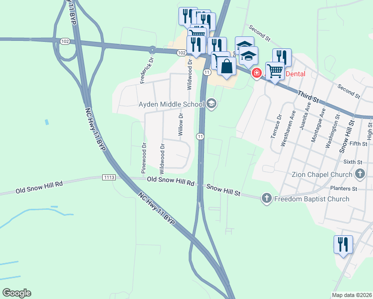 map of restaurants, bars, coffee shops, grocery stores, and more near 120 Pinyon Lane in Ayden