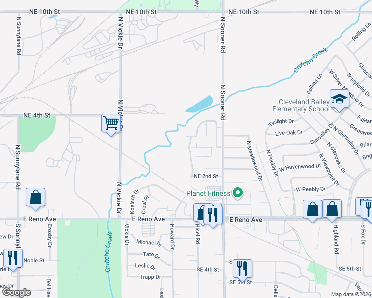 map of restaurants, bars, coffee shops, grocery stores, and more near 313 Spring Creek Road in Oklahoma City