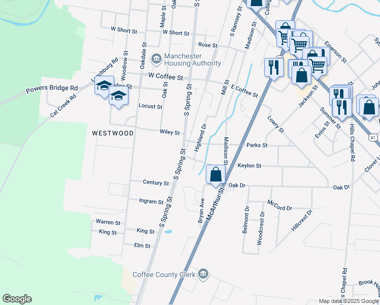 map of restaurants, bars, coffee shops, grocery stores, and more near 501 Oak Drive in Manchester