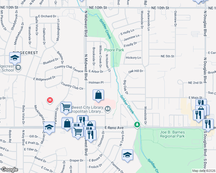 map of restaurants, bars, coffee shops, grocery stores, and more near 614 Holman Place in Midwest City